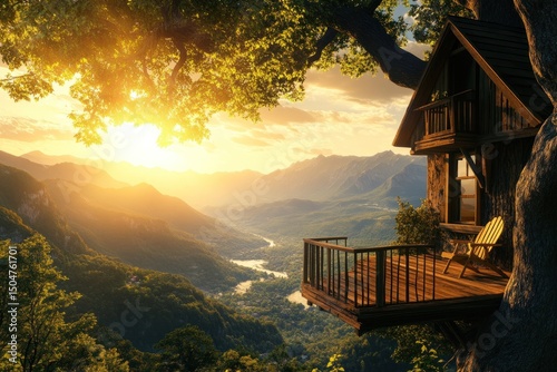 Scenic treehouse nestled high in mountains at sunset