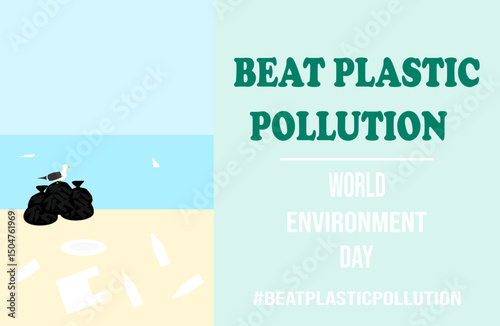 Environment Day poster with with an illustration of a shore polluted with plastic waste. Poster with theme 2025 - beat plastic pollution