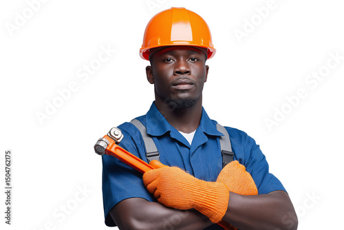 Confident african american construction worker with arms crossed holds an orange pipe wrench while wearing an orange hard hat and gloves in a studio with a transparent background