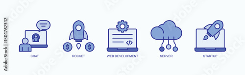 Launch Pad Icon Set Isolated Vector With Icon Of Chat, Rocket, Web Development, Server, Startup In Blue Style