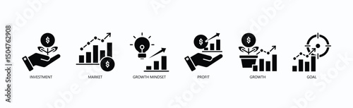 Success Icon Set Isolated Vector With Icon Of Investment, Market, Growth Mindset, Profit, Growth, Goal In Glyph Style