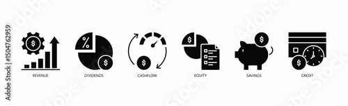 Financial Flow Icon Set Isolated Vector With Icon Of Revenue, Dividends, Cashflow, Equity, Savings, Credit In Glyph Style