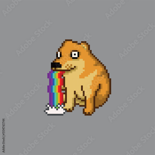 Dog vomiting a rainbow, pixel art meme