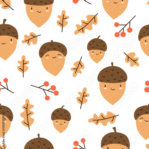 Cute acorn characters and oak tree leaves seamless pattern. Vector autumn illustration for kids