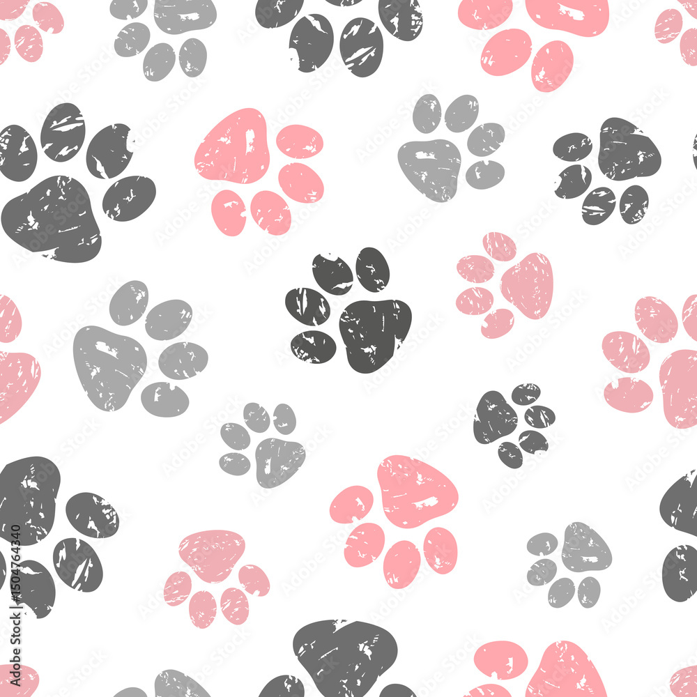 Fototapeta premium Paws print seamless pattern. Vector background with black and pink cats paws