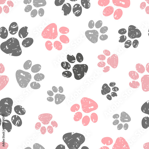 Paws print seamless pattern. Vector background with black and pink cats paws