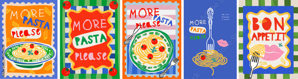 Italian pasta. Vector fun modern food art illustration of pasta, plate of spaghetti, tomato, typography, fork for kitchen or cafe wall poster, background, decor. More pasta please. Bon appetit