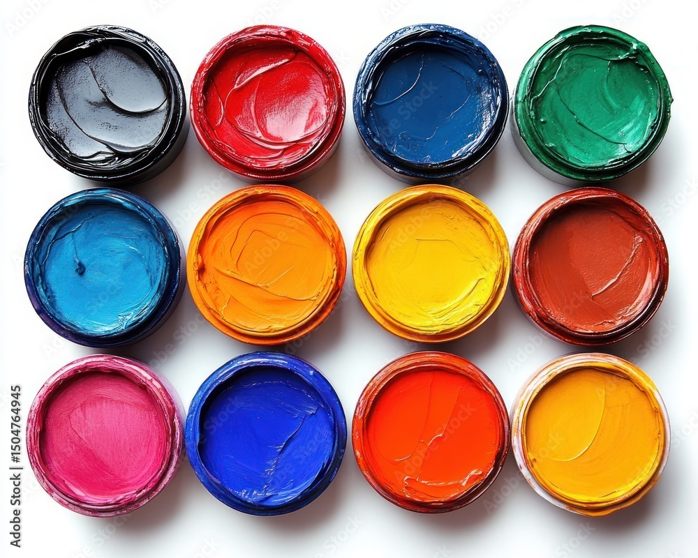 Twelve open paint jars filled with various vibrant colors including black, red, blue, green, pink, orange, yellow, and shades in between arranged neatly in a grid pattern on a white background Twelve open paint jars filled with various vibrant colors including black, red, blue, green, pink, orange, yellow, and shades in between arranged neatly in a grid pattern on a white background