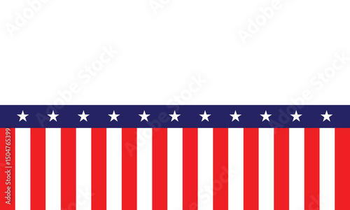 Patriotic banner featuring red and white vertical stripes with a navy blue strip adorned by white stars, symbolizing national pride and celebration themes.