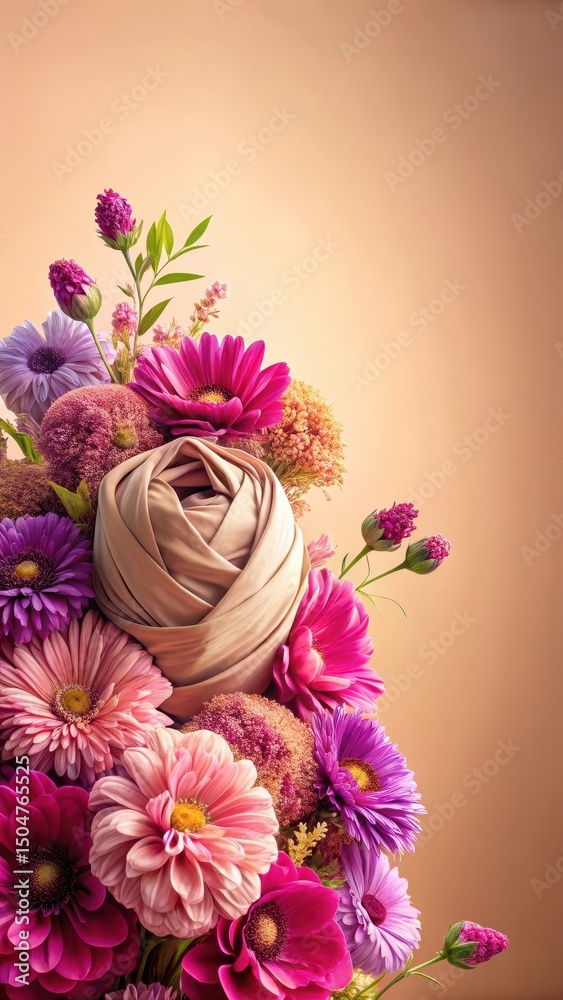 Obraz premium Vibrant turban-shaped flowers in pink and purple hues against a warm beige background