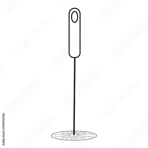 Minimalist kitchen tool. Long handle silhouette. Circular mashed base. Black and white outline.