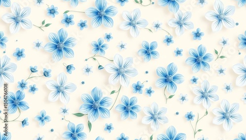 Delicate white and blue floral pattern, seamless repeat on light background,  spring,  delicate
