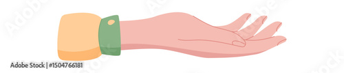 Hand gesture icon. Human character with palm raised. Symbol of peace and donation, flat style, potential usage in charity and humanitarian contexts.