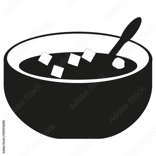 Silhouette food bowl. Spoon inside shape. Cubes in liquid. Dark vector dish.