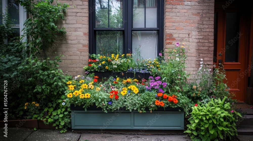 Naklejka premium Vibrant flower boxes adorn a brick building facade