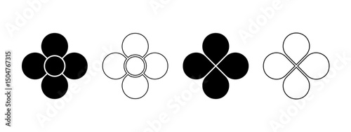 Set of flowers with 4 petals and core. Floral pie charts divided on four equal parts in leaf shapes isolated on white background. Templates for data presentation. Vector graphic illustration.