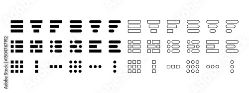 Set of hamburger menu icons. Different black list web buttons isolated on white background. Website interface navigation elements for mobile app or computer browser. Vector graphic illustration.