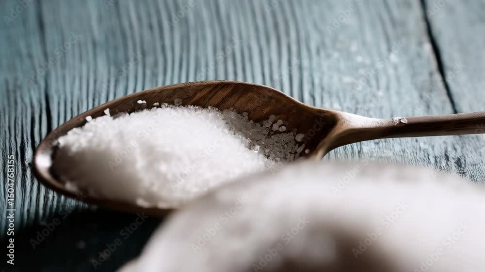 Refined granulated sugar spilling from a dark wooden spoon next to a white ceramic cup on a whitewashed wood table, overhead close up view.