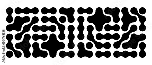 Metaball pattern. Black liquid drops or amorphous shapes isolated on white background. Organic blobs or molecules texture. Modern abstract print with connected dots. Vector graphic illustration.