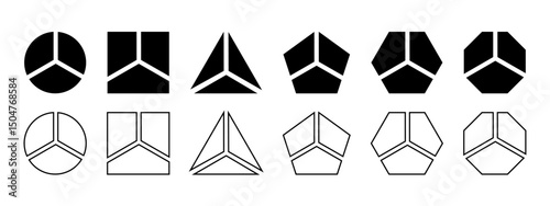 Basic geometric shapes divided into 3 parts isolated on white background. Round, square and triangle, pentagon, hexagon and octagon shapes cut in three equal clices. Vector graphic illustration.