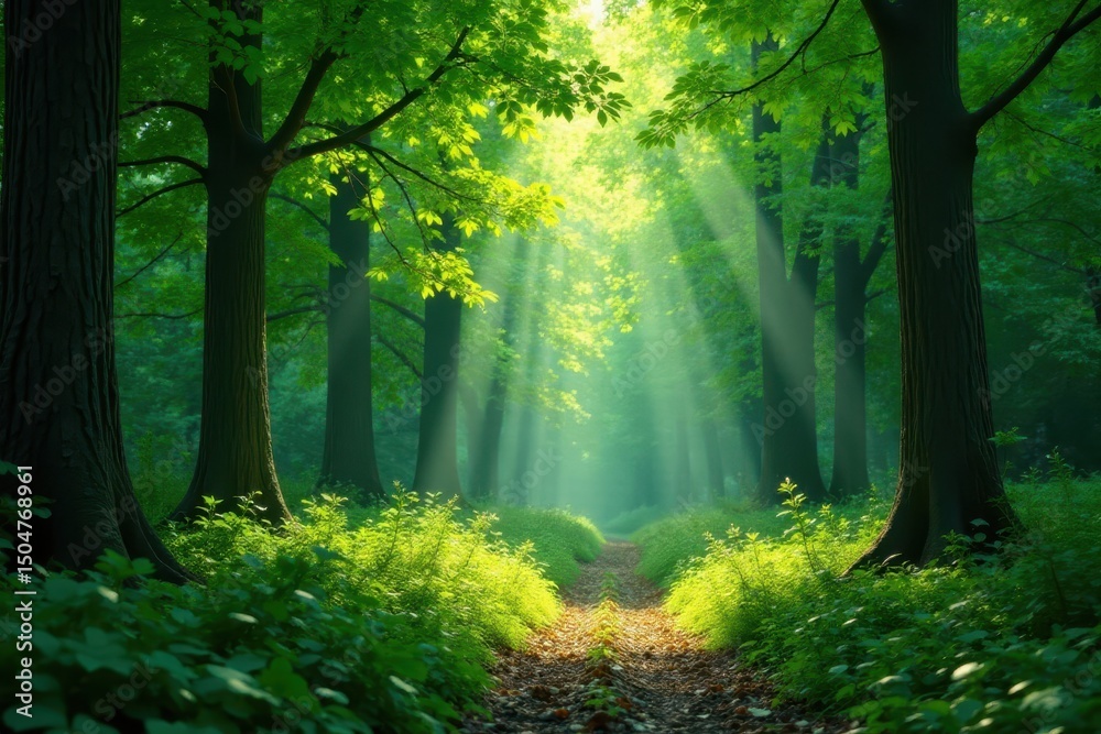 Fototapeta premium Deep green forest with dappled sunlight filtering through leaves, plant, green, serene