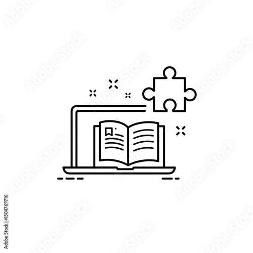 Autism Distance Learning Icon. Digital screen with puzzle piece & learning symbol. Represents online education, neurodiversity access. For resources, web, print, support