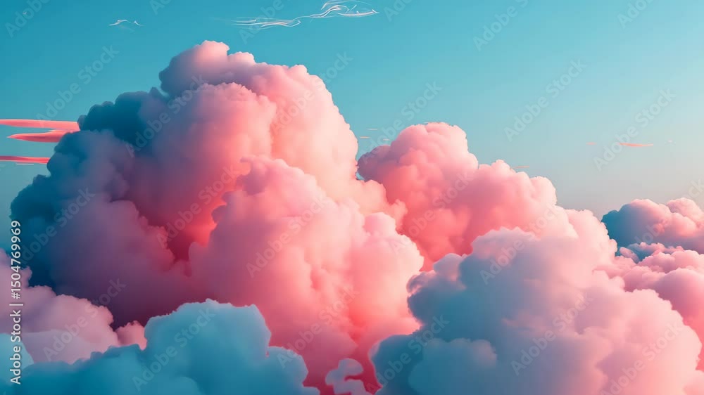 Cotton Candy Clouds: A dreamy vista of soft, fluffy clouds painted with hues of pink and blue, floating serenely in a clear sky, evokes a sense of serenity and wonder.
