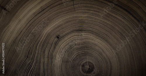 Close up tree rings end grain tree stump. Detailed wood rings pattern with cracks and dark sepia contrast.