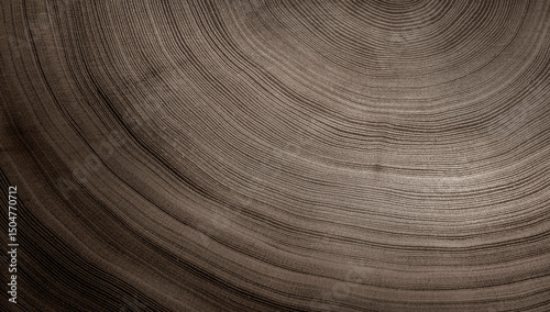 Close up tree rings end grain tree stump. Detailed wood rings pattern with cracks and dark sepia contrast.