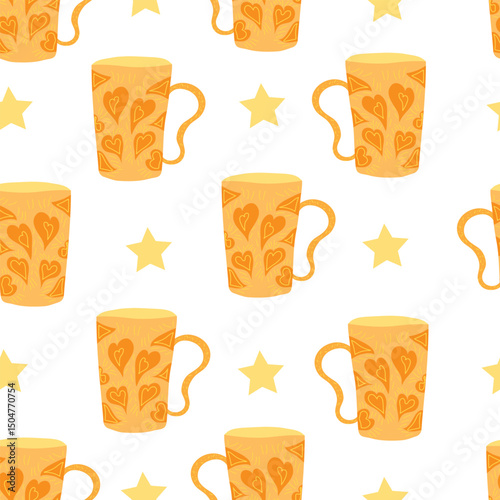 orange colored large cups with heart shapes and brush line art with stars seamless pattern. orange colored large cups with heart shapes carved on it seamless pattern. Good for textile, fabric, tiles.