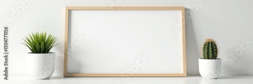 White desk, frame mockup, cactus, clean background, still life, background