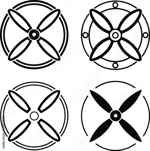 Four circular propeller designs in black and white with varying blade and circle styles shown