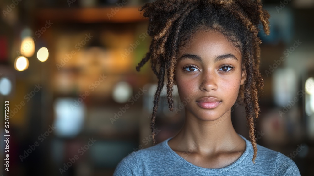 Obraz premium Portrait of Young Girl with Dreadlocks and Calm Expression in Cafe