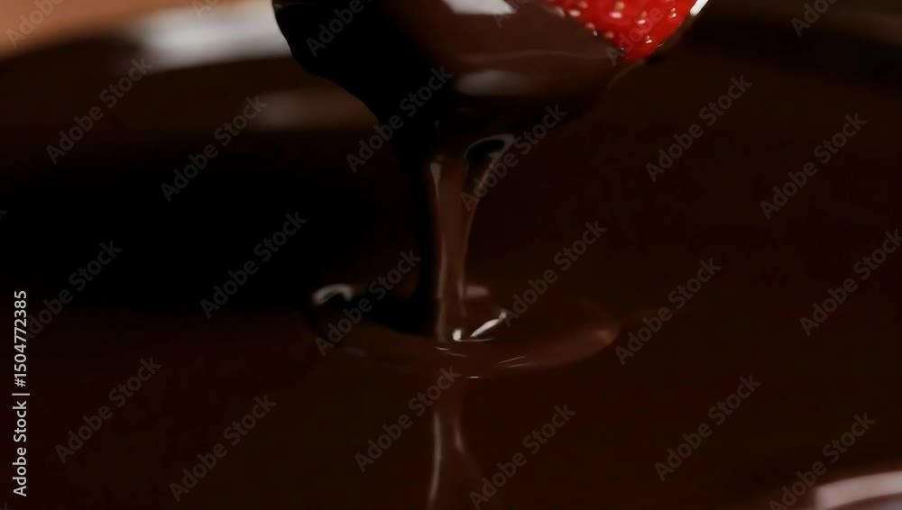 Strawberry dipping into melted chocolate in sensual slow motion with close-up detail