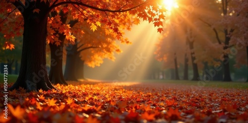 Sun-drenched brown and orange maple leaves blanket the earth , forest, plant, sunlight