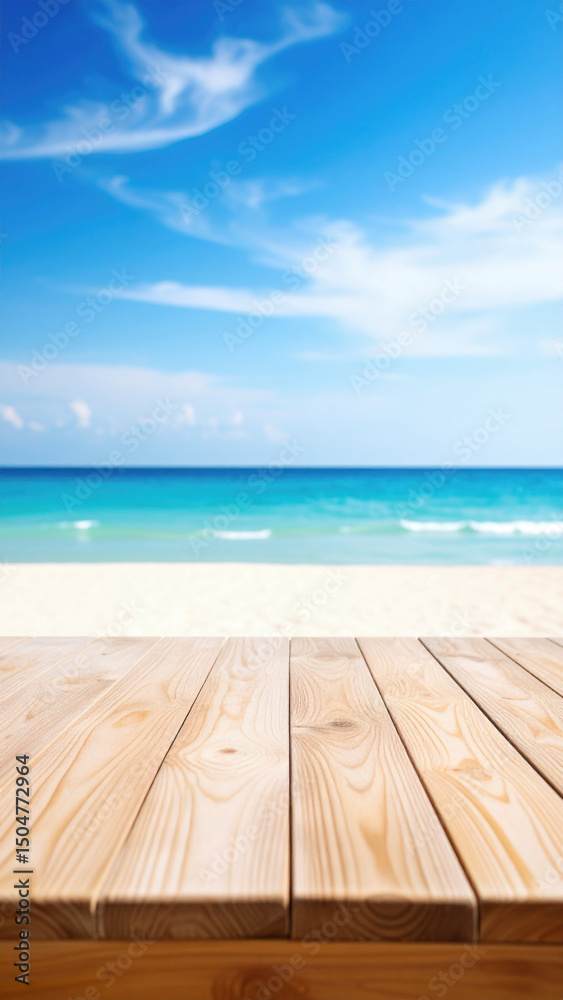 Fototapeta premium A wooden deck overlooks a pristine tropical beach with soft white sand and crystal-clear turquoise water under a bright blue sky filled with scattered clouds.