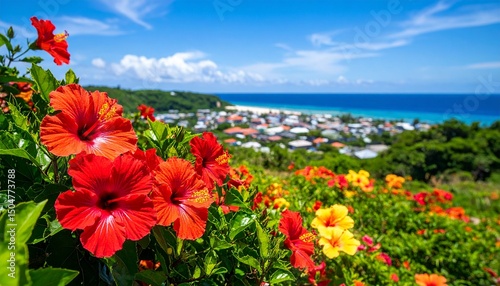 ハイビスカスと沖縄の街並み