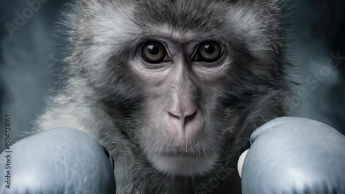 Gray primate with boxing gloves in a fighting stance, portrait of determined monkey ready to box on dark background photo