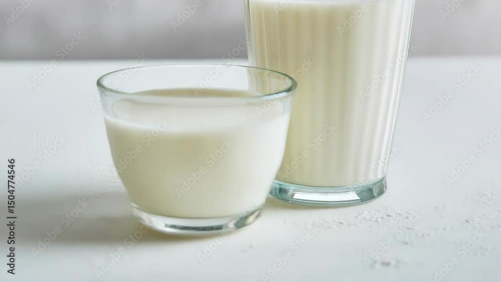 Two clear glass cups filled with fresh milk in minimalist composition on a bright white surface Two clear glass cups filled with fresh milk in minimalist composition on a bright white surface