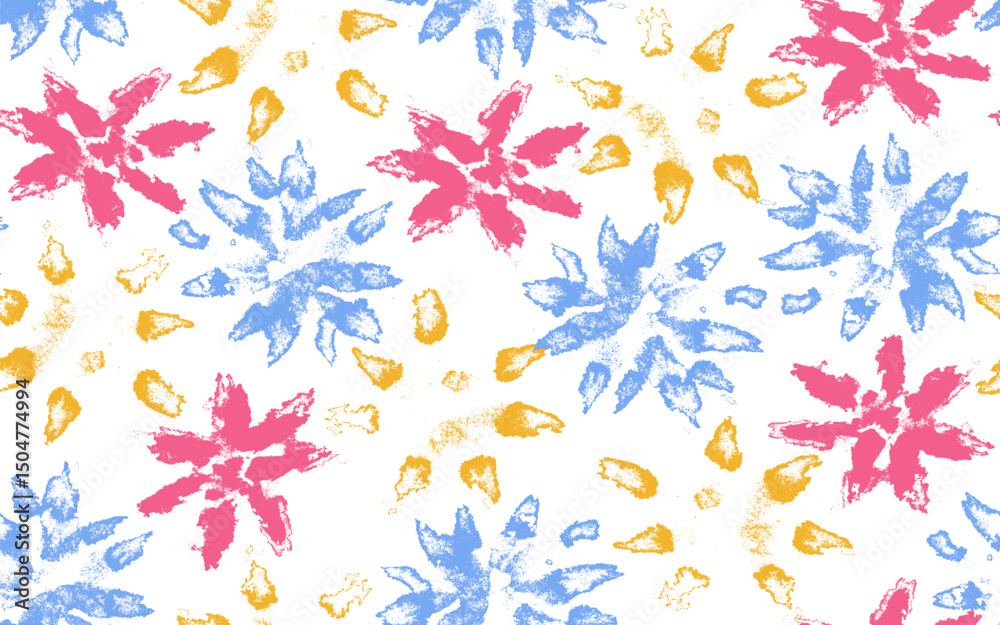 Fototapeta premium Cute botanical seamless pattern with abstract ink hand drawn red, blue, yellow daisy flowers. Sketch vector floral print with brush stroke blossoms for textile, surface design, wallpaper