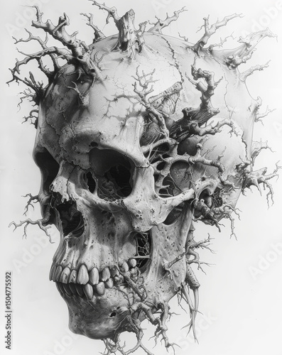 Surreal Skull with Tree Branches in Pencil Drawing

