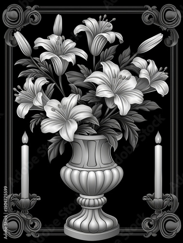 Elegant Black and White Floral Vase with Candles


