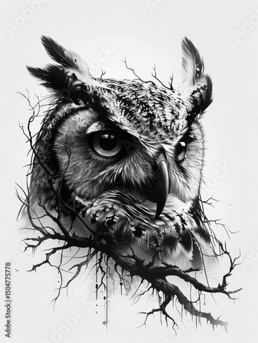 Detailed Black and White Owl Illustration with Branches

