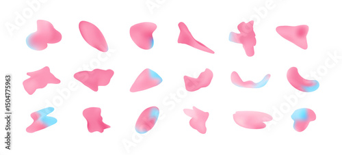 Trendy set of fluid light turquoise blue and coral pink mesh gradient organic shapes. Abstract cute bubble gum candy colour liquid digital watercolor stain for business design, banner, ui app