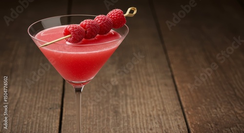 Elegant crystal martini with opaque pink raspberry cocktail and fresh raspberries