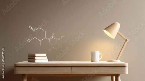 Modern science-inspired workspace with molecule diagram projection and cozy lighting