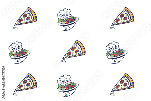 Repetitive featuring pizza slices and chef hats. The logos are arranged in a grid pattern on a white background.