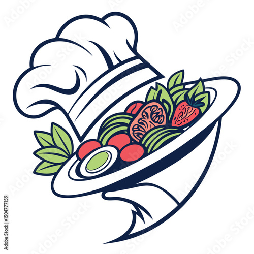 Colorful illustration of a chef's hat and a plate of food, including tomatoes, lettuce, and strawberries. The plate is held by a hand with a white glove.
