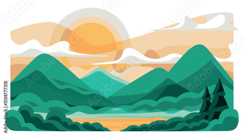 Flat illustration depicting serene mountains and a golden sun, with lush green trees and a tranquil lake, capturing the essence of a peaceful natural landscape