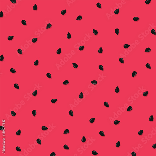 A red background with black and red watermelon shaped dots. The watermelon shapes are black and red, and they are scattered throughout the image. Scene is playful and whimsical